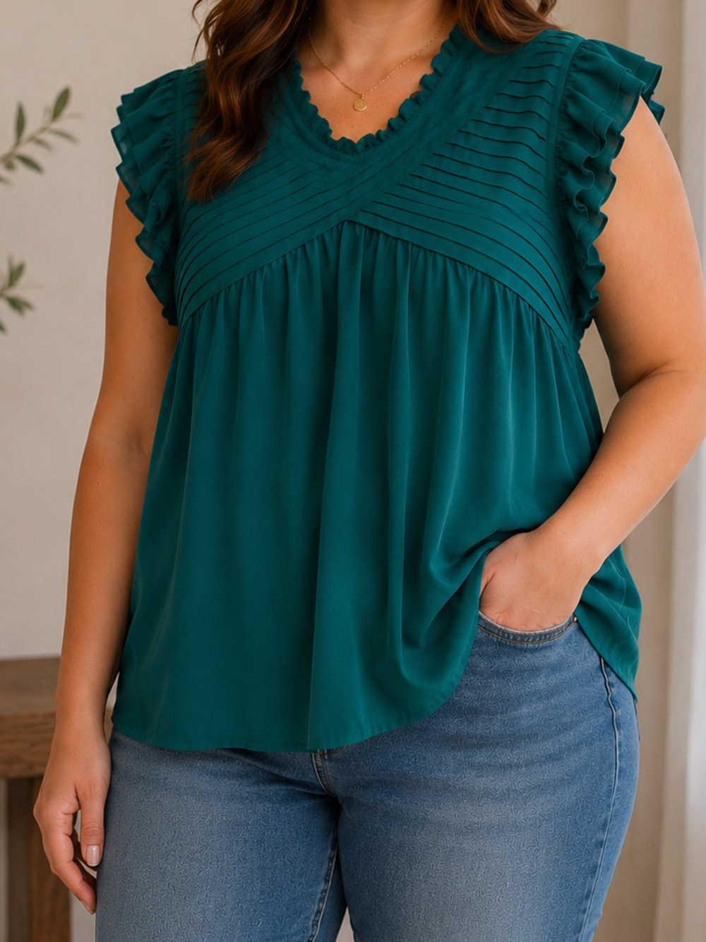 Entro Emerald Green Pleated Ruffle Sleeve Blouse Top 2X